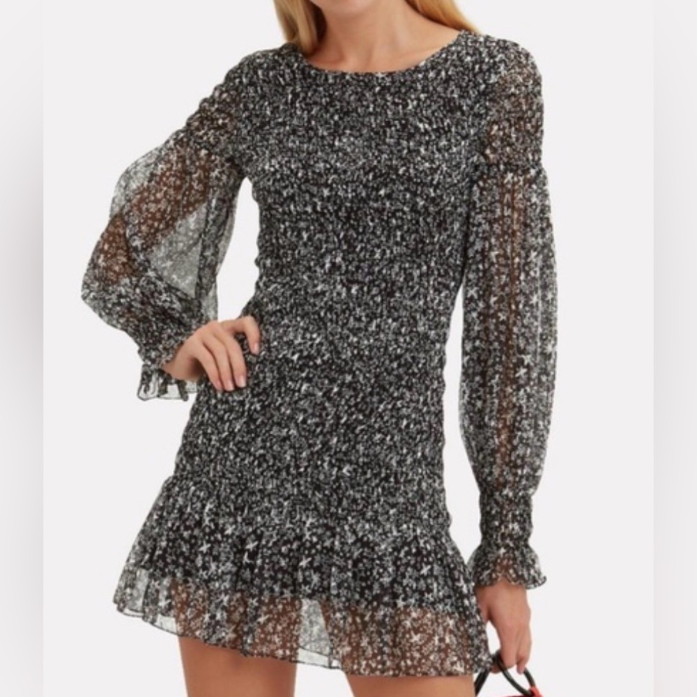 LoveShackFancy Scarlett Black and White Smocked Long-Sleeve Mini Dress